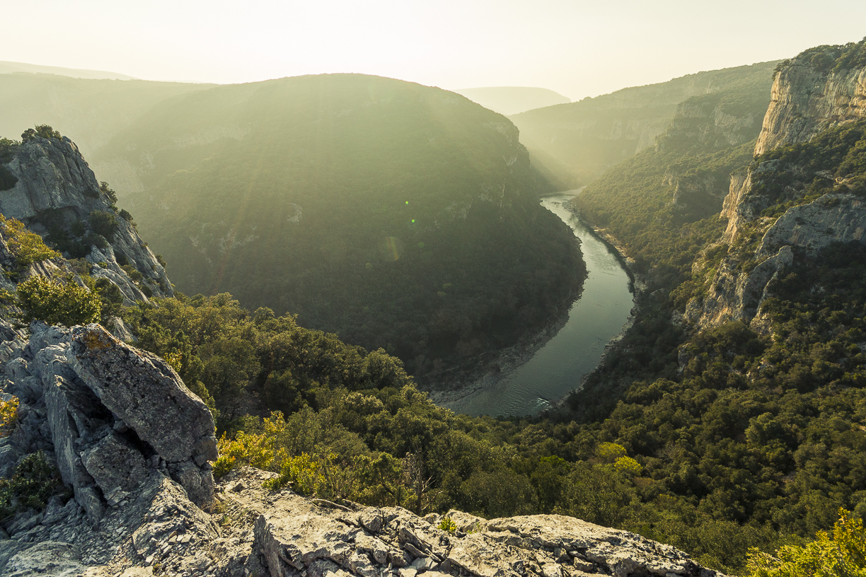 from the top of a lookout point, the Ardèche River, the holm oaks, the sunlight