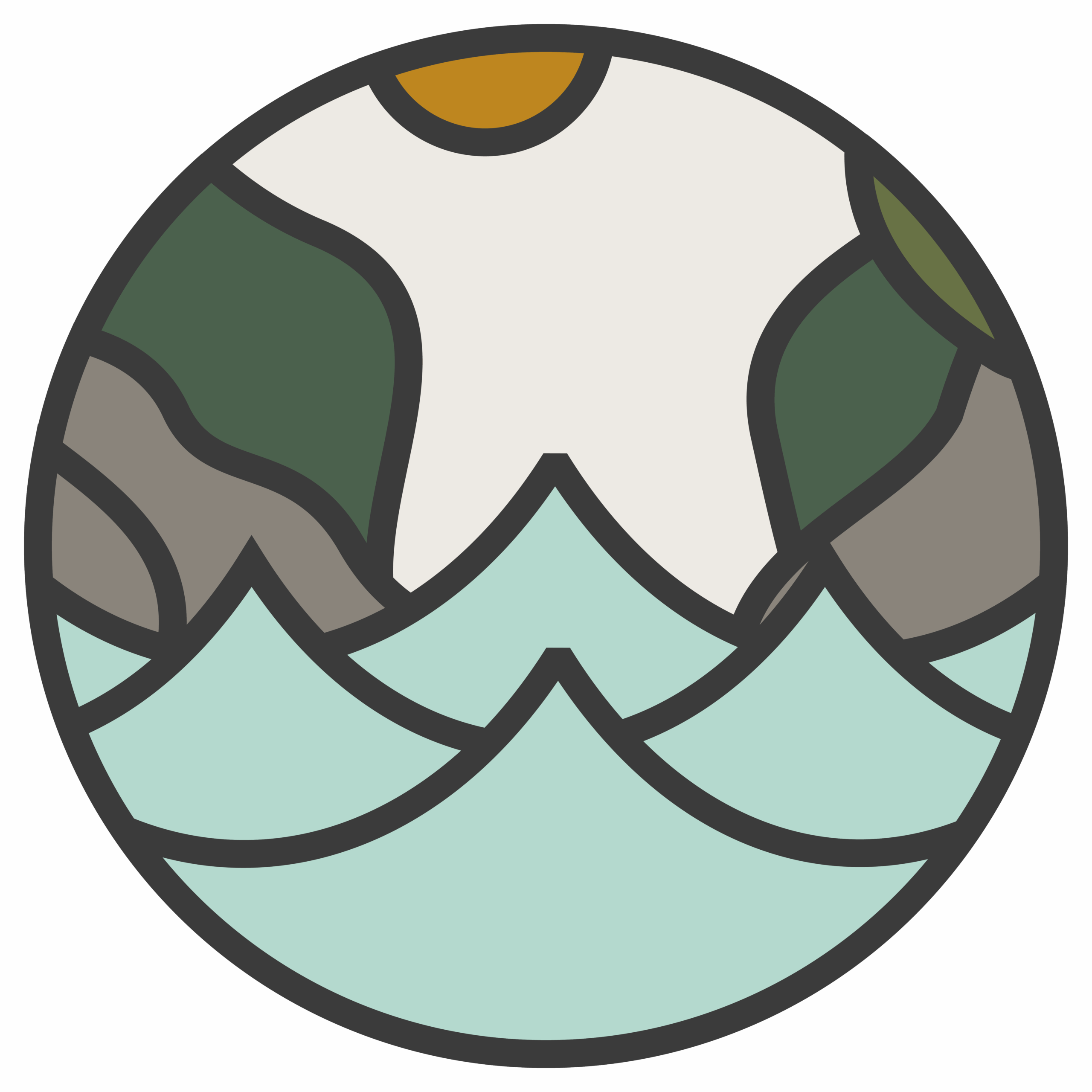 Circular icon with waves, cliffs and sun representing the Pettite Mer water sports centre in Ardèche